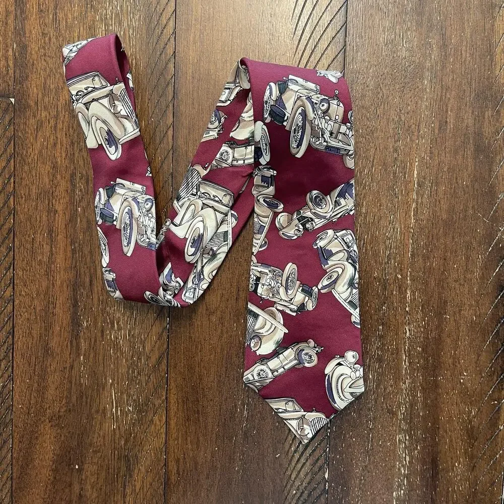 Christian Dior Tie Mens One Size Red Silk Classic Car Print Made USA Necktie